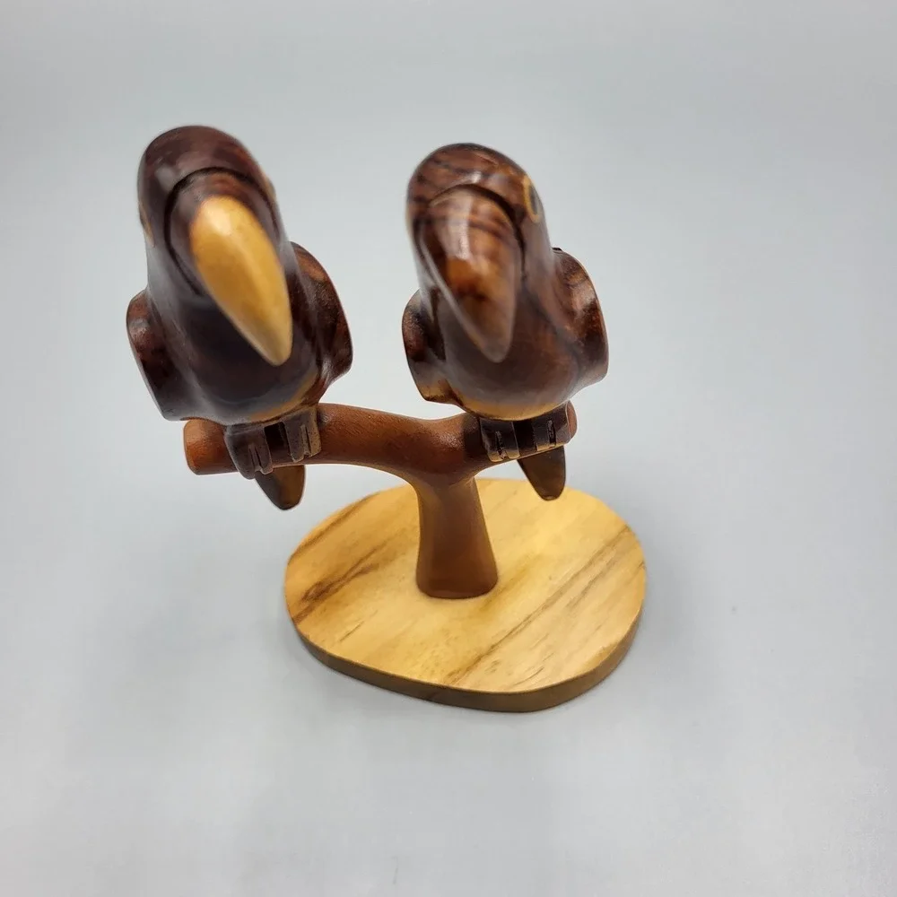 Hand Carved Wood Parrot Sculpture Figurine Pair on Branch Shelf Decor 6.25